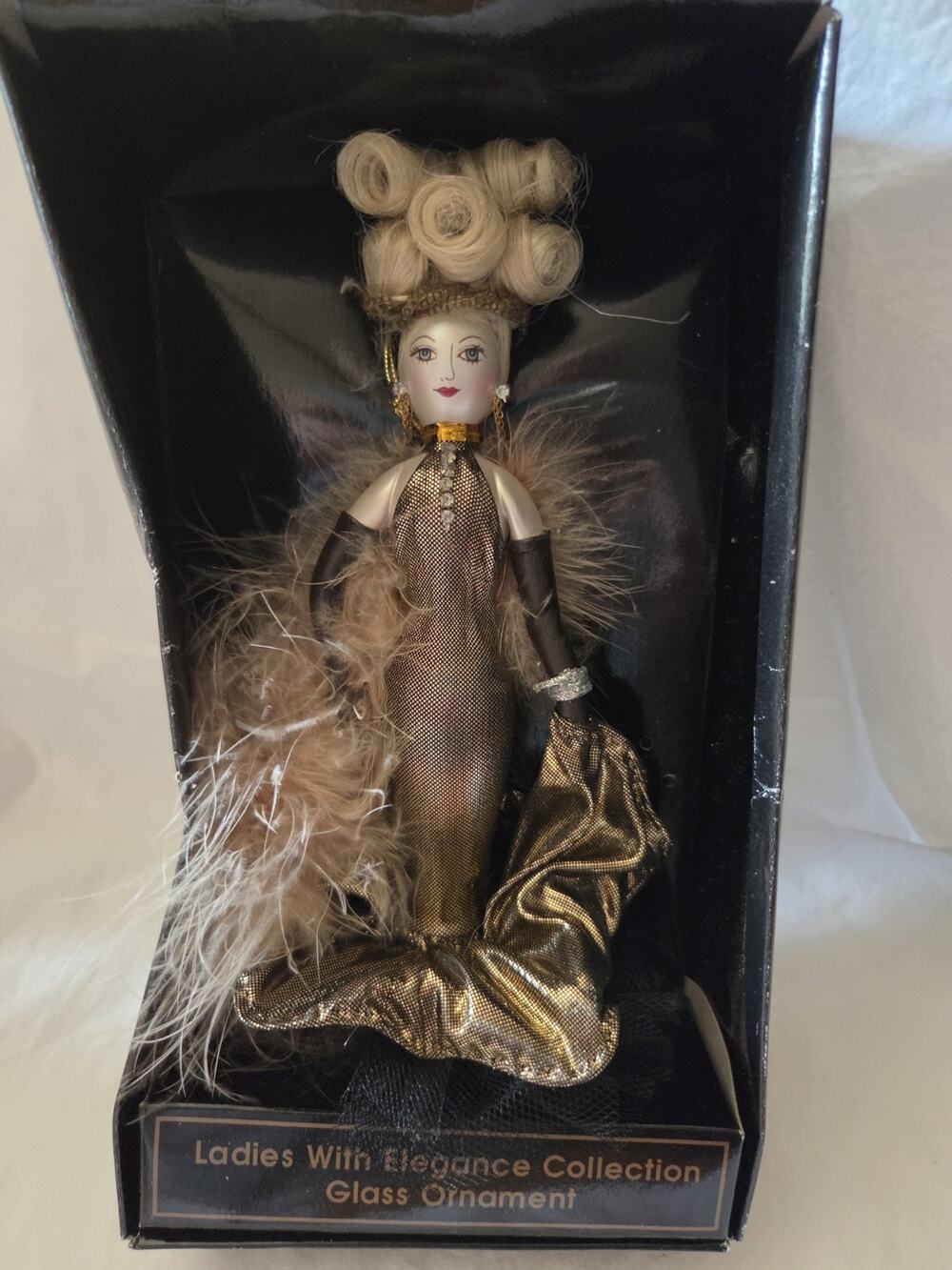 Ladies With Elegance Collection Glass Ornament Black Gold Dress & Feather Boa